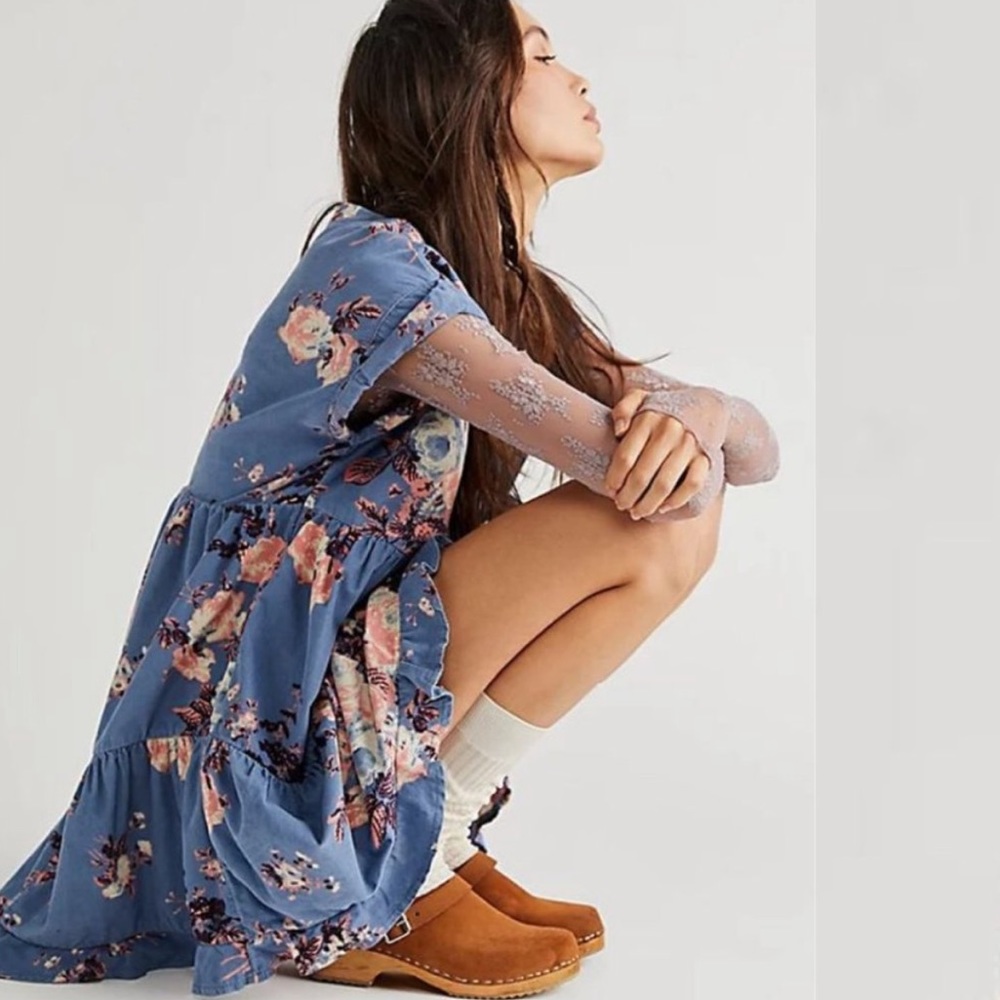 Free People Harper Mini Dress Micro Corduroy Blue Combo NWOT